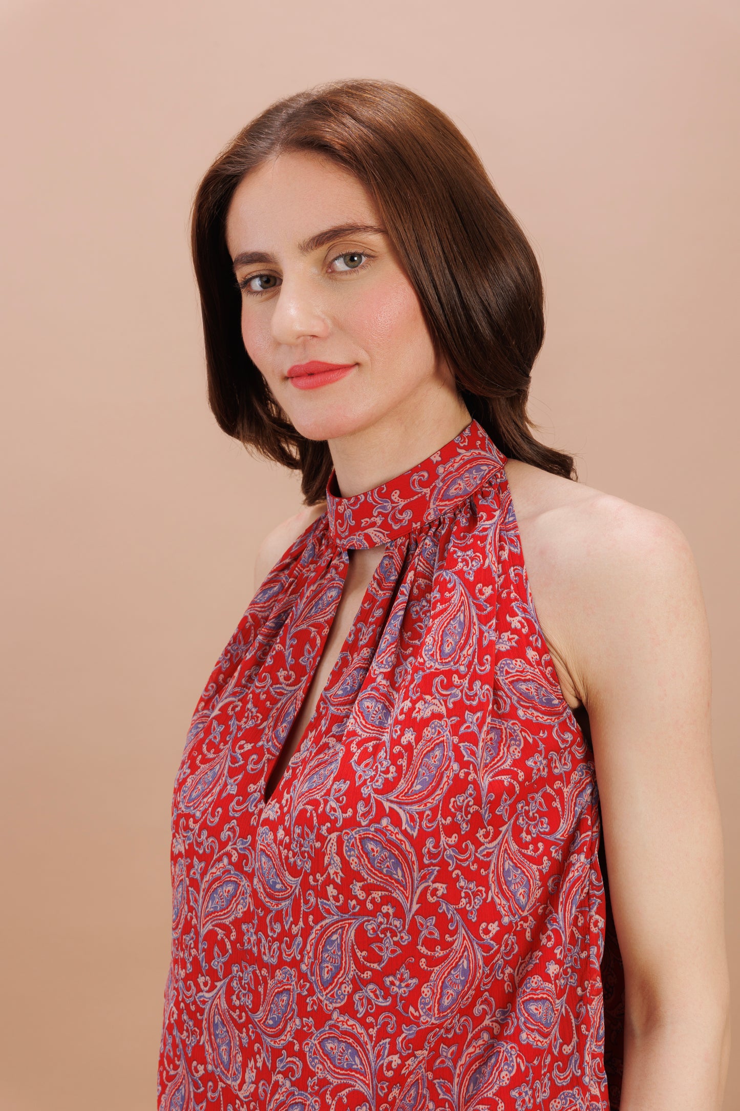 "Red printed halter neck top"