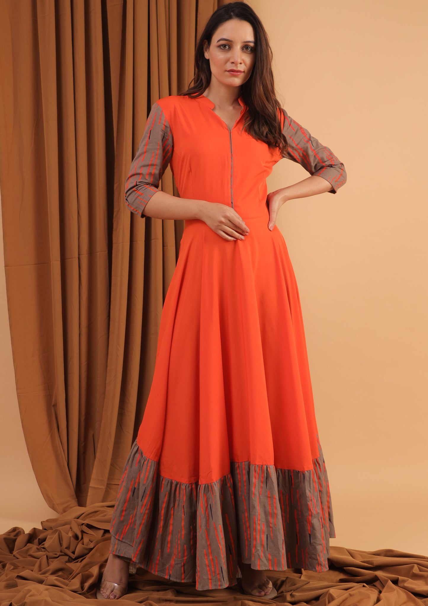 orange flared long dress