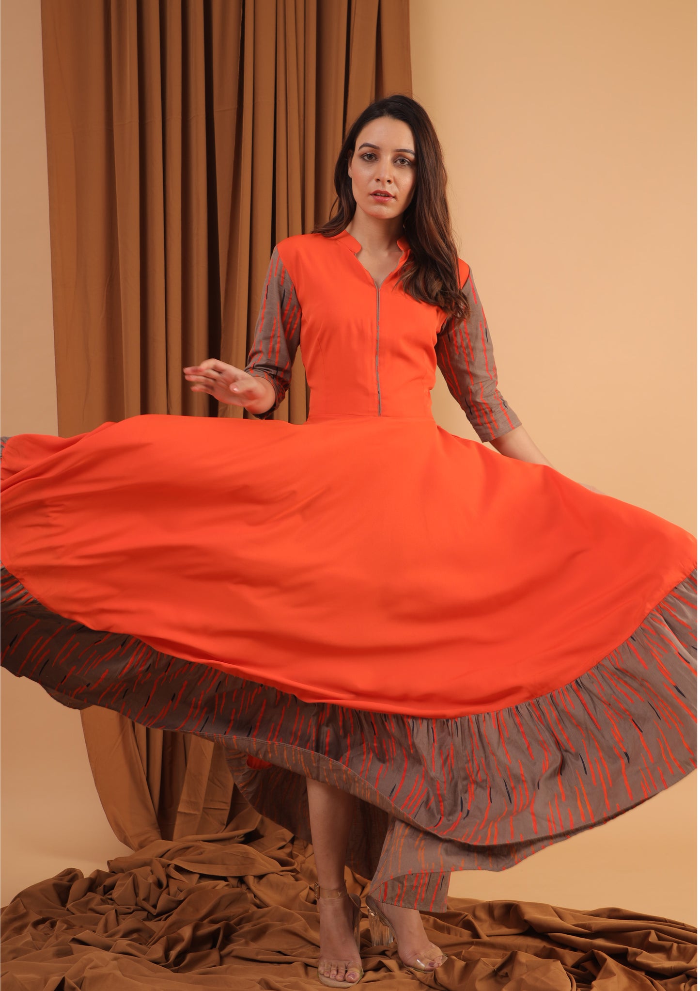 orange flared long dress