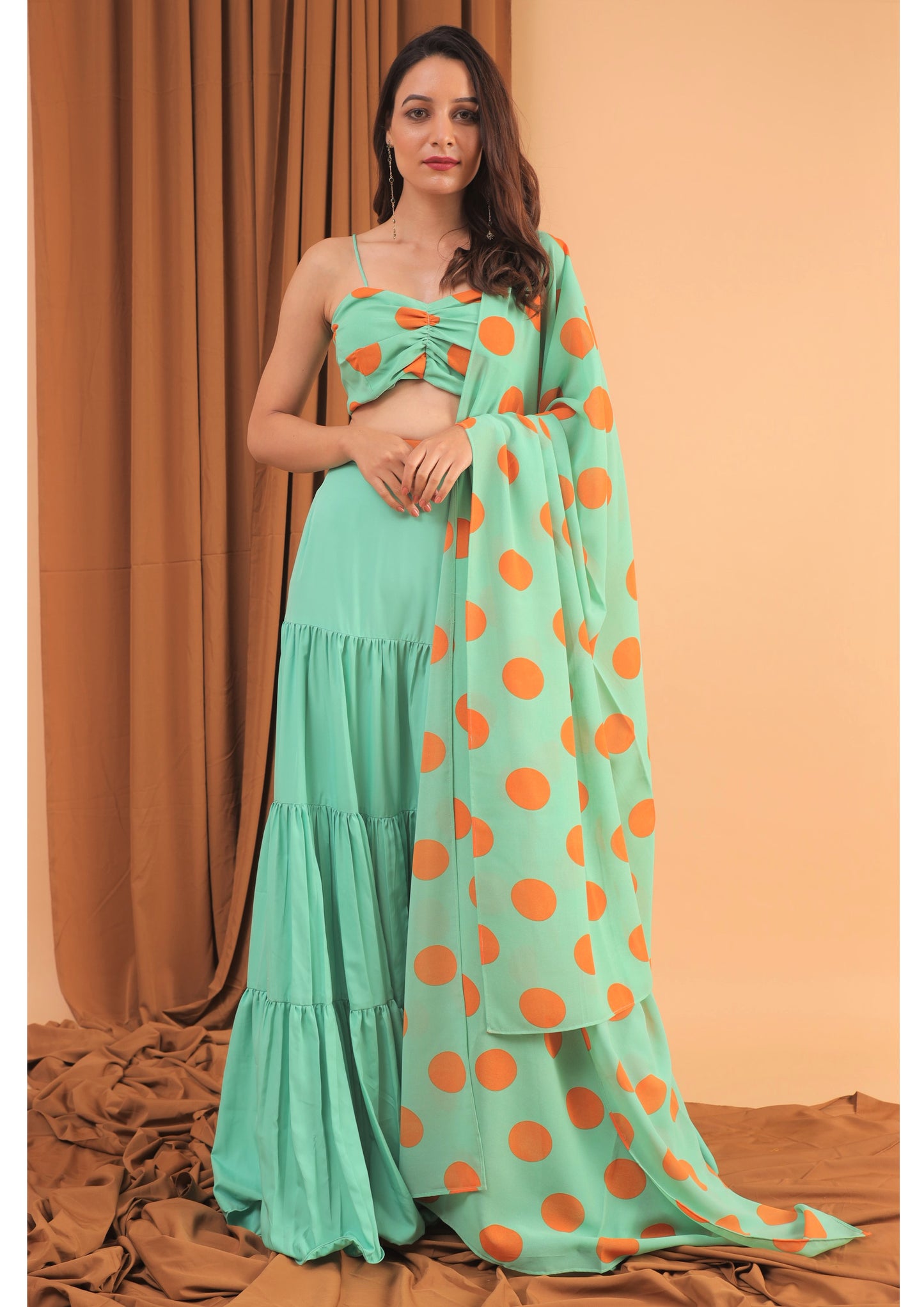 sea foam green- orange polka dot lehenga set