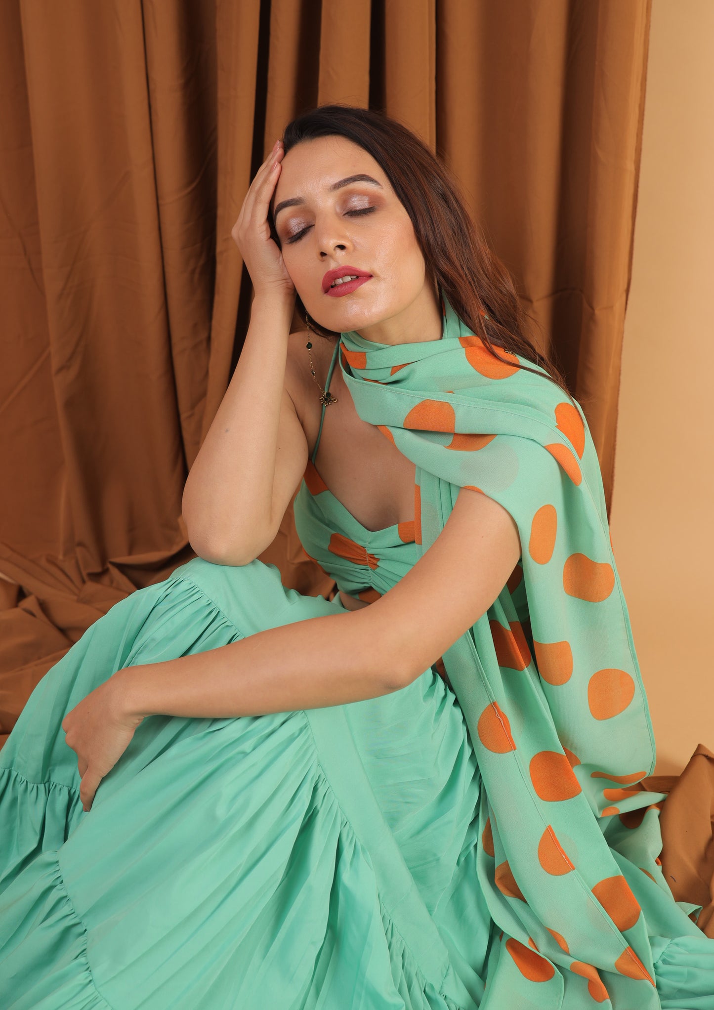 sea foam green- orange polka dot lehenga set