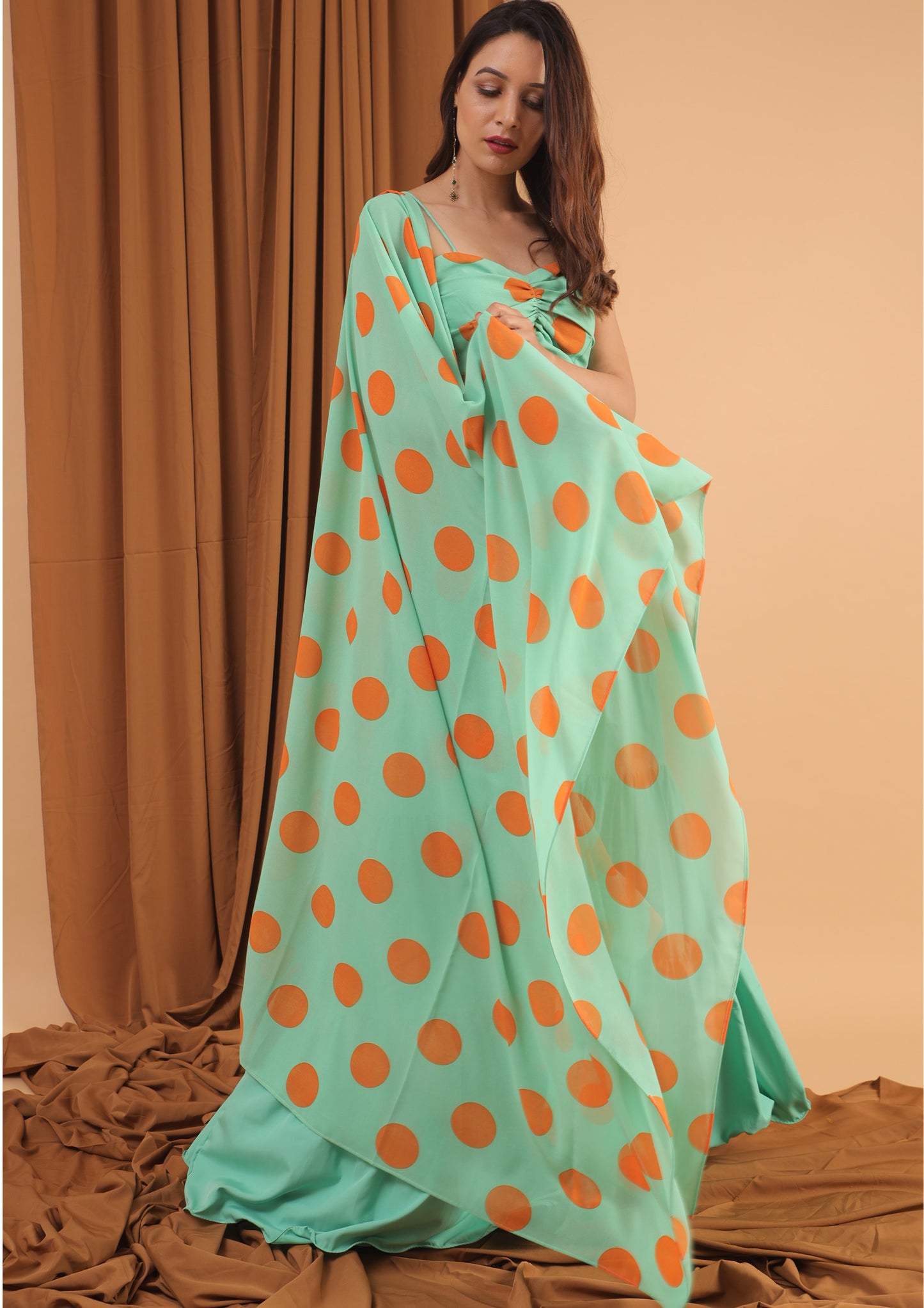 sea foam green- orange polka dot lehenga set