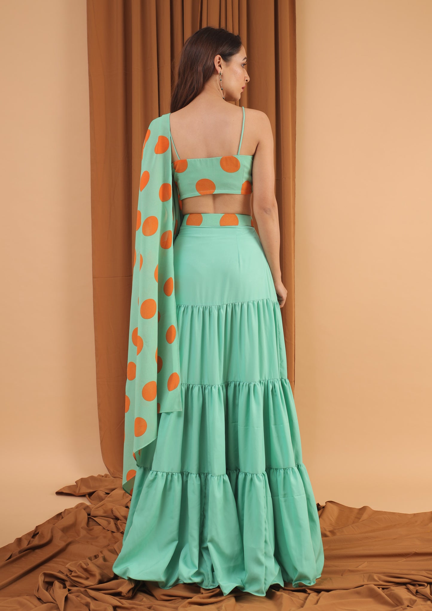 sea foam green- orange polka dot lehenga set