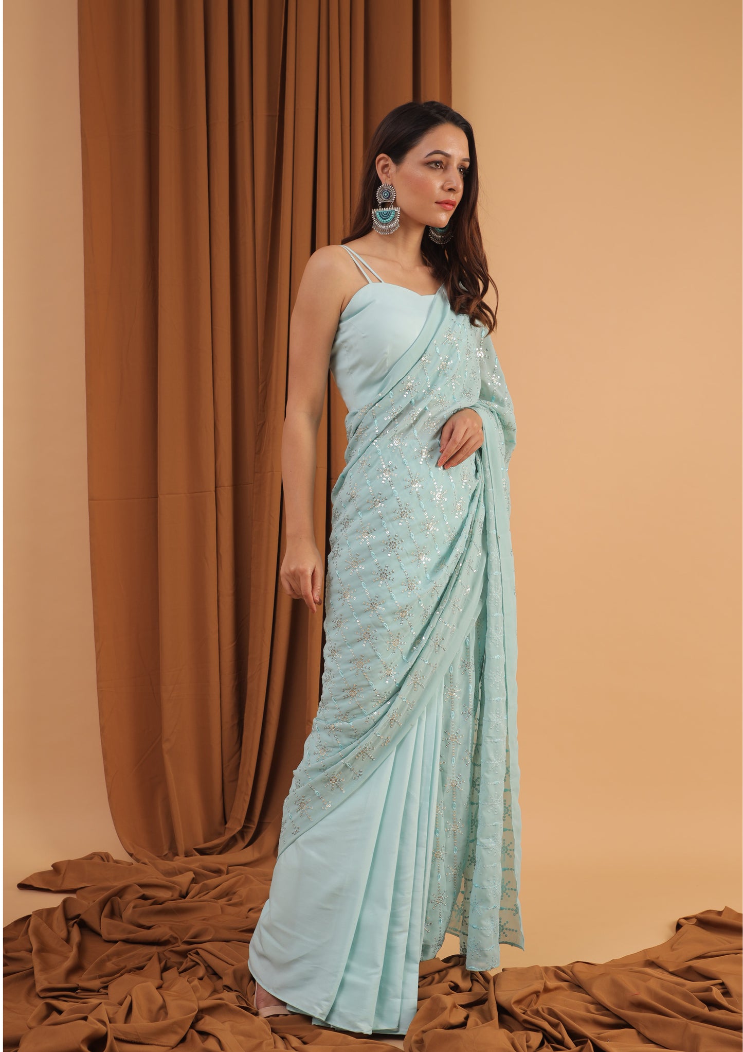 mint blue sequined saree set
