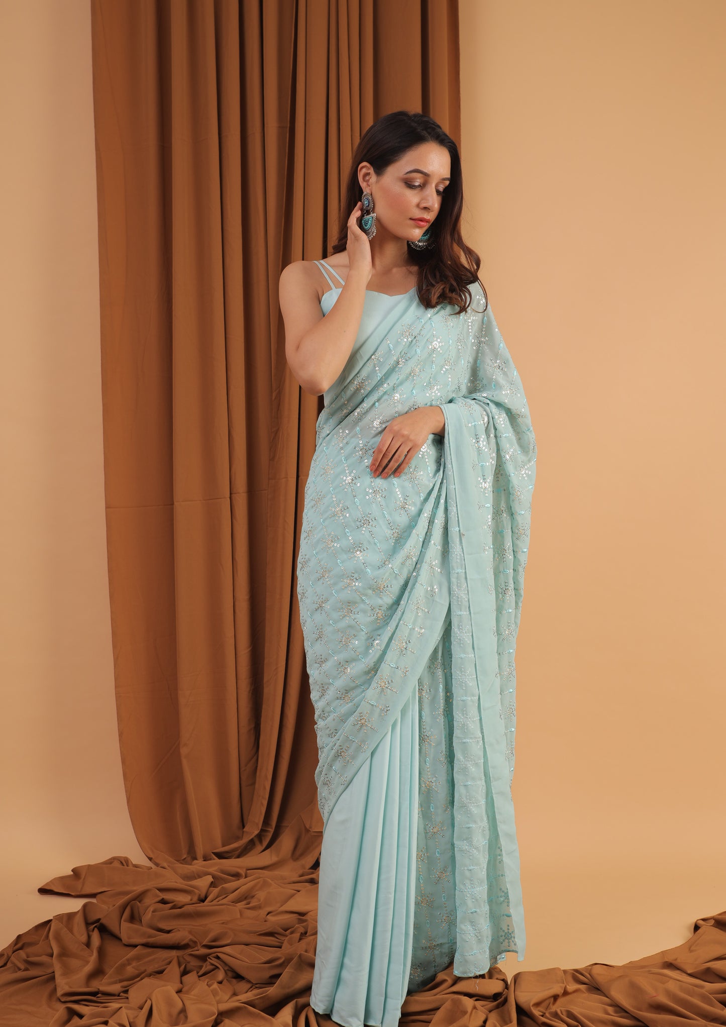 mint blue sequined saree set