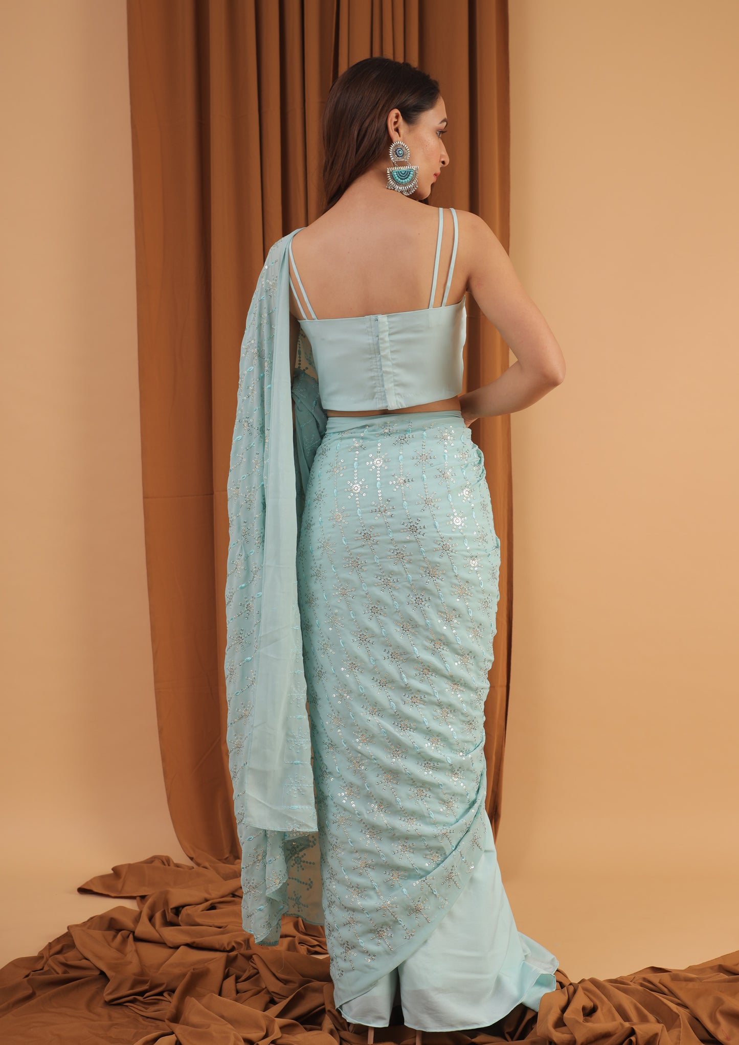 mint blue sequined saree set