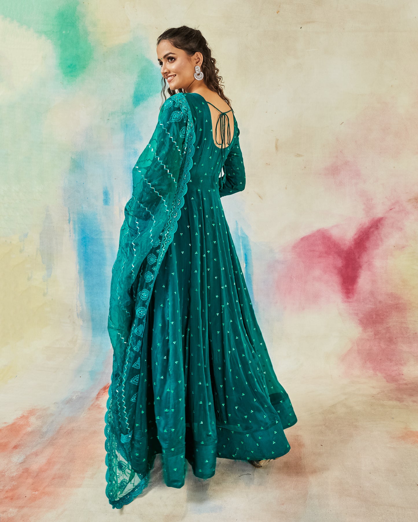 GARVILI PEACOCK BLUE EMBROIDERED ANARKALI SET