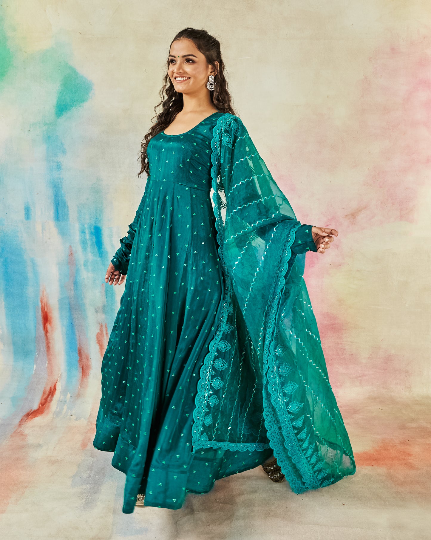 GARVILI PEACOCK BLUE EMBROIDERED ANARKALI SET