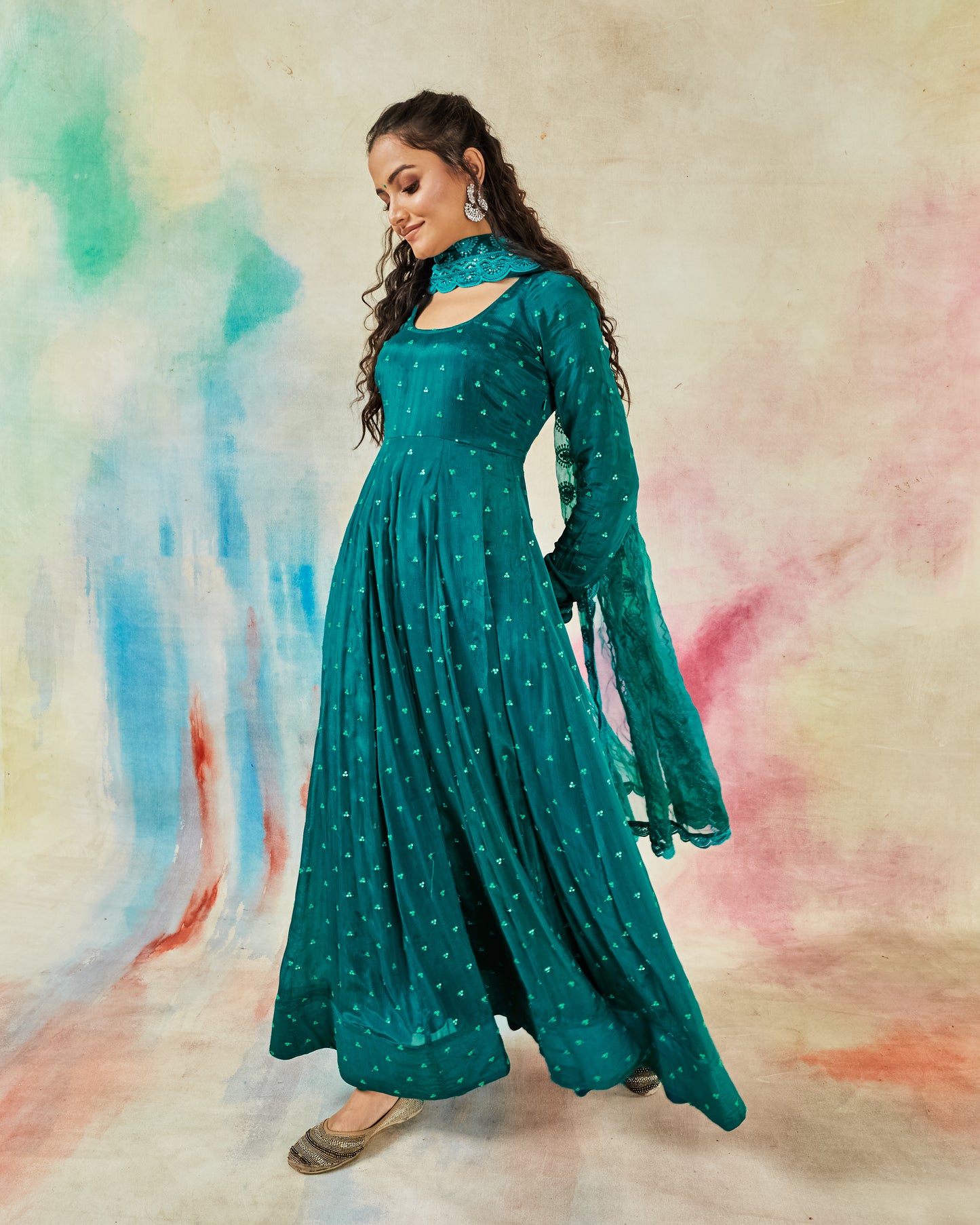 GARVILI PEACOCK BLUE EMBROIDERED ANARKALI SET