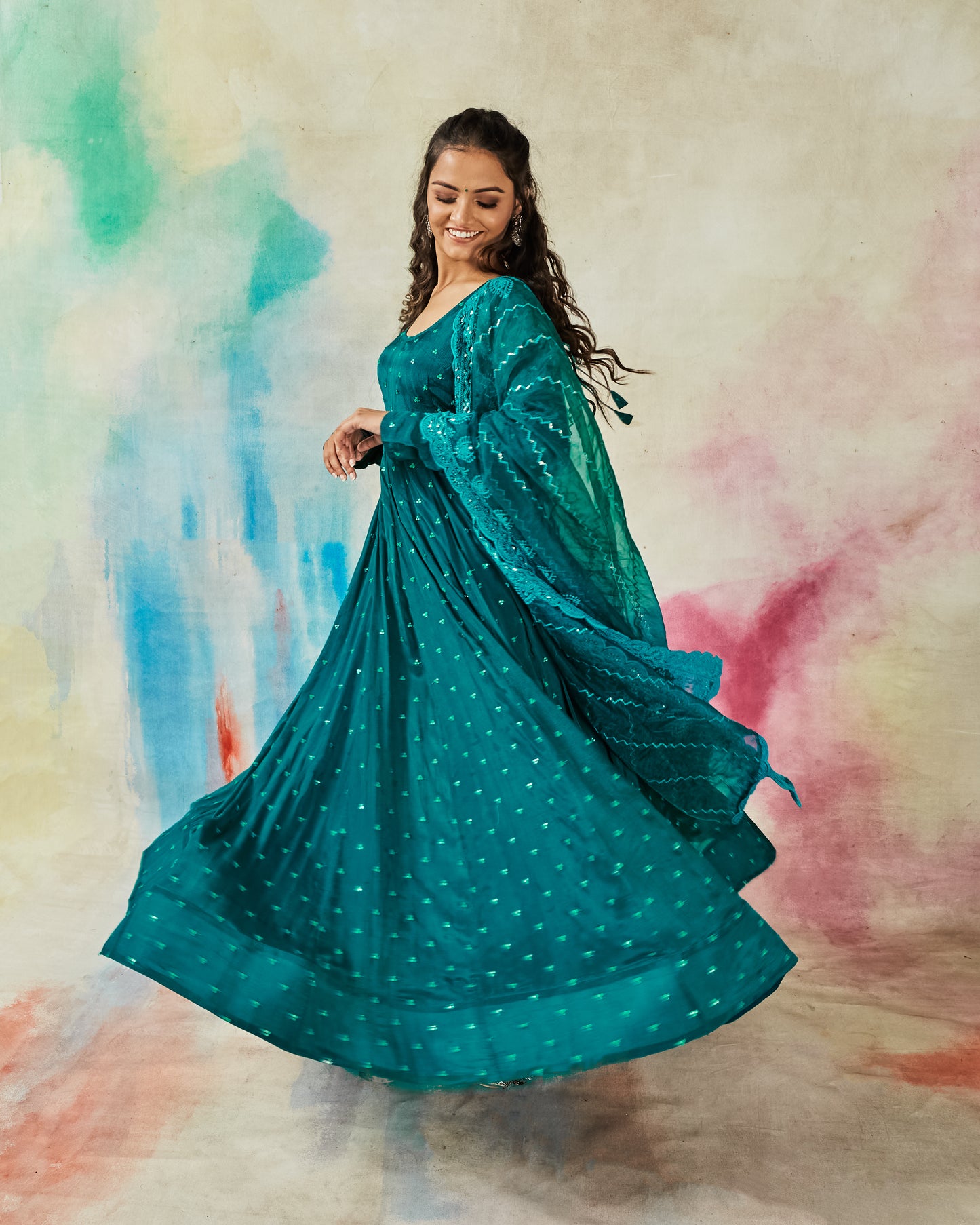 GARVILI PEACOCK BLUE EMBROIDERED ANARKALI SET