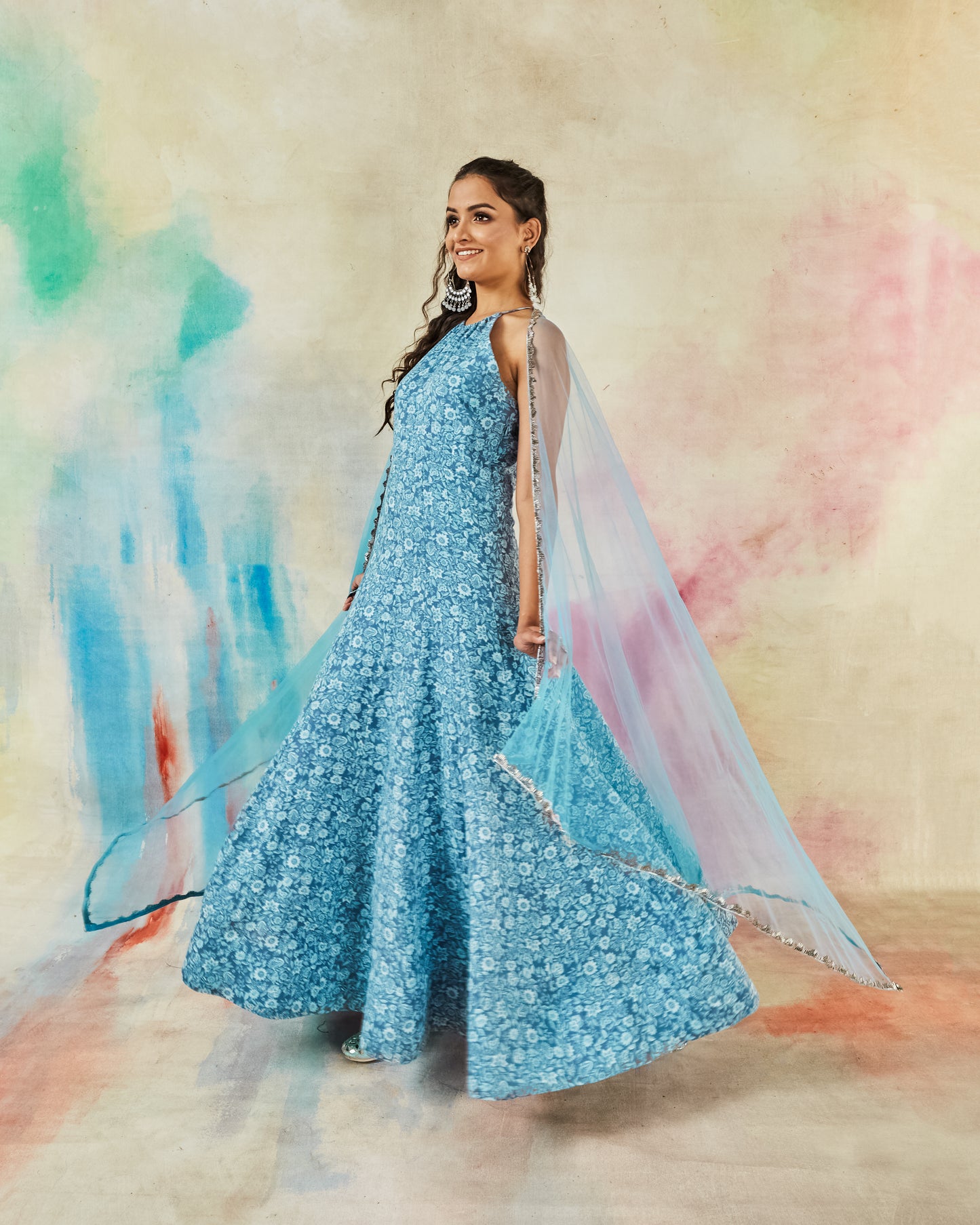 GARVILI BLUE PRINTED ANARKALI SET