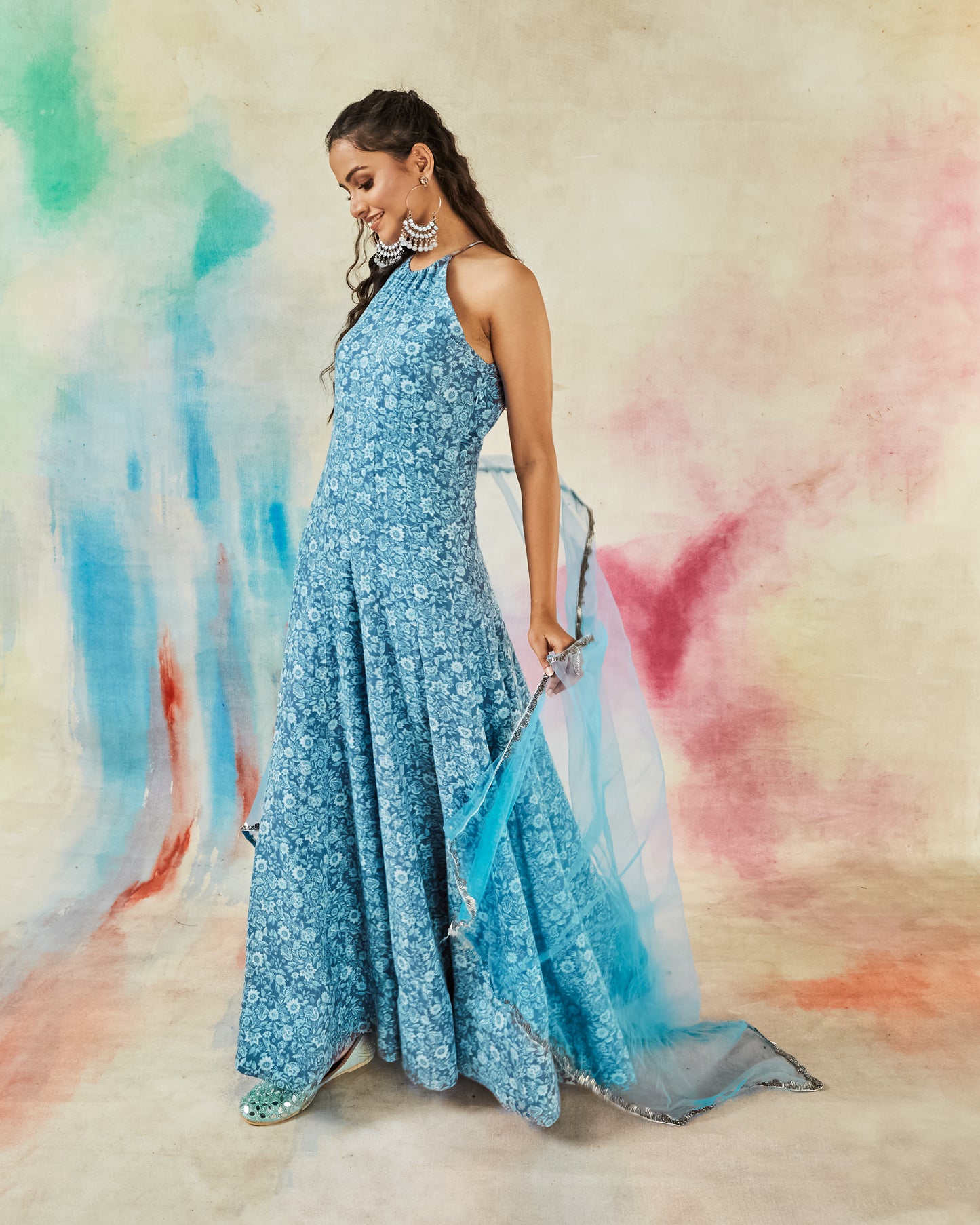 GARVILI BLUE PRINTED ANARKALI SET