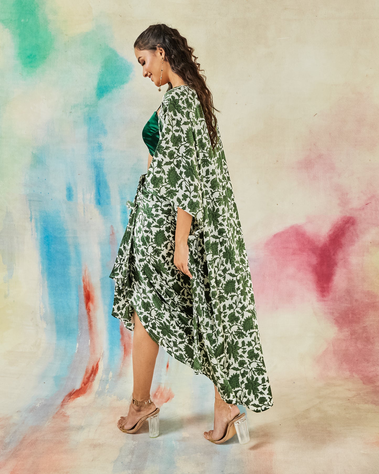 GARVILI PRINTED DRAPE SKIRT WITH TOP & SHRUG
