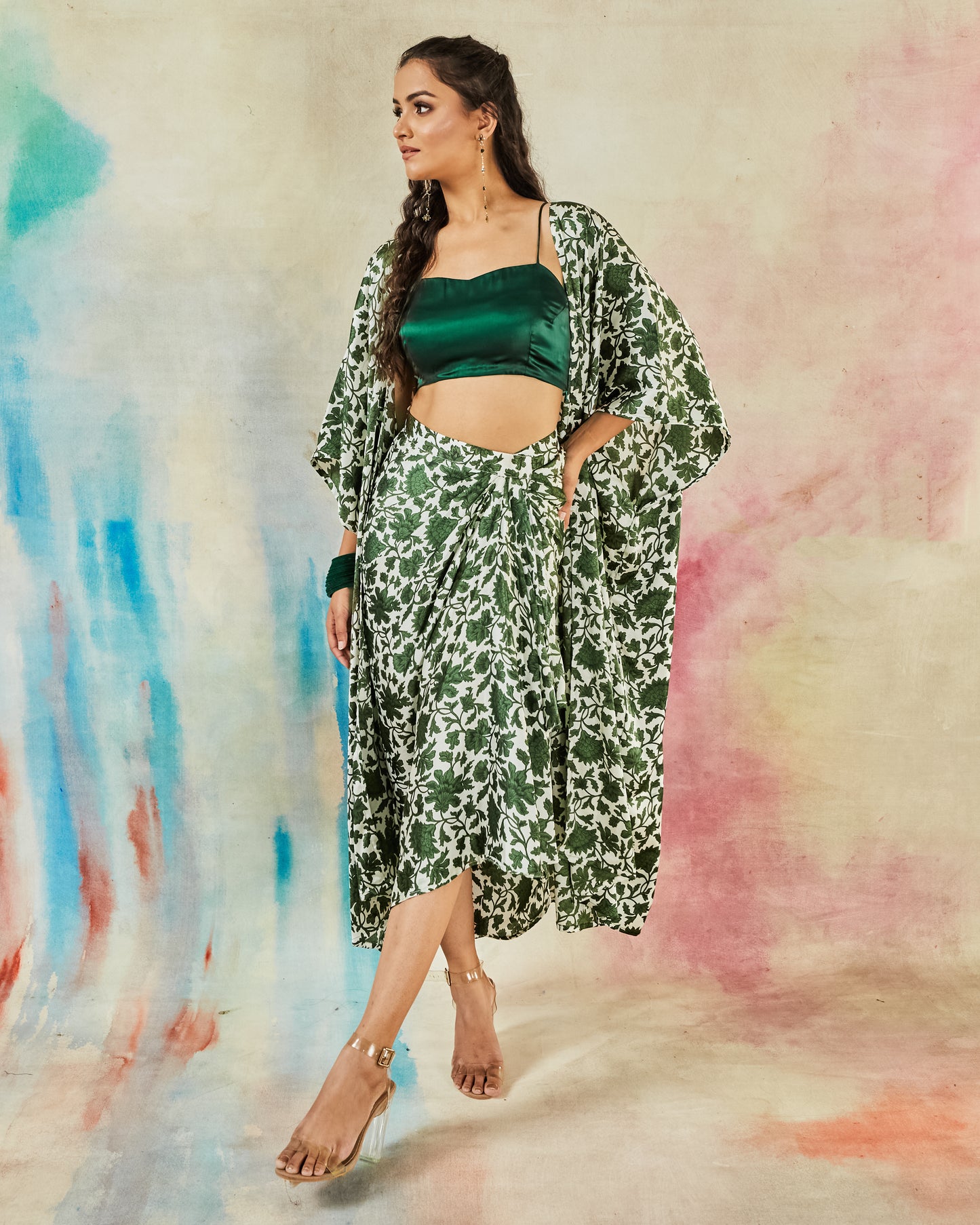 GARVILI PRINTED DRAPE SKIRT WITH TOP & SHRUG