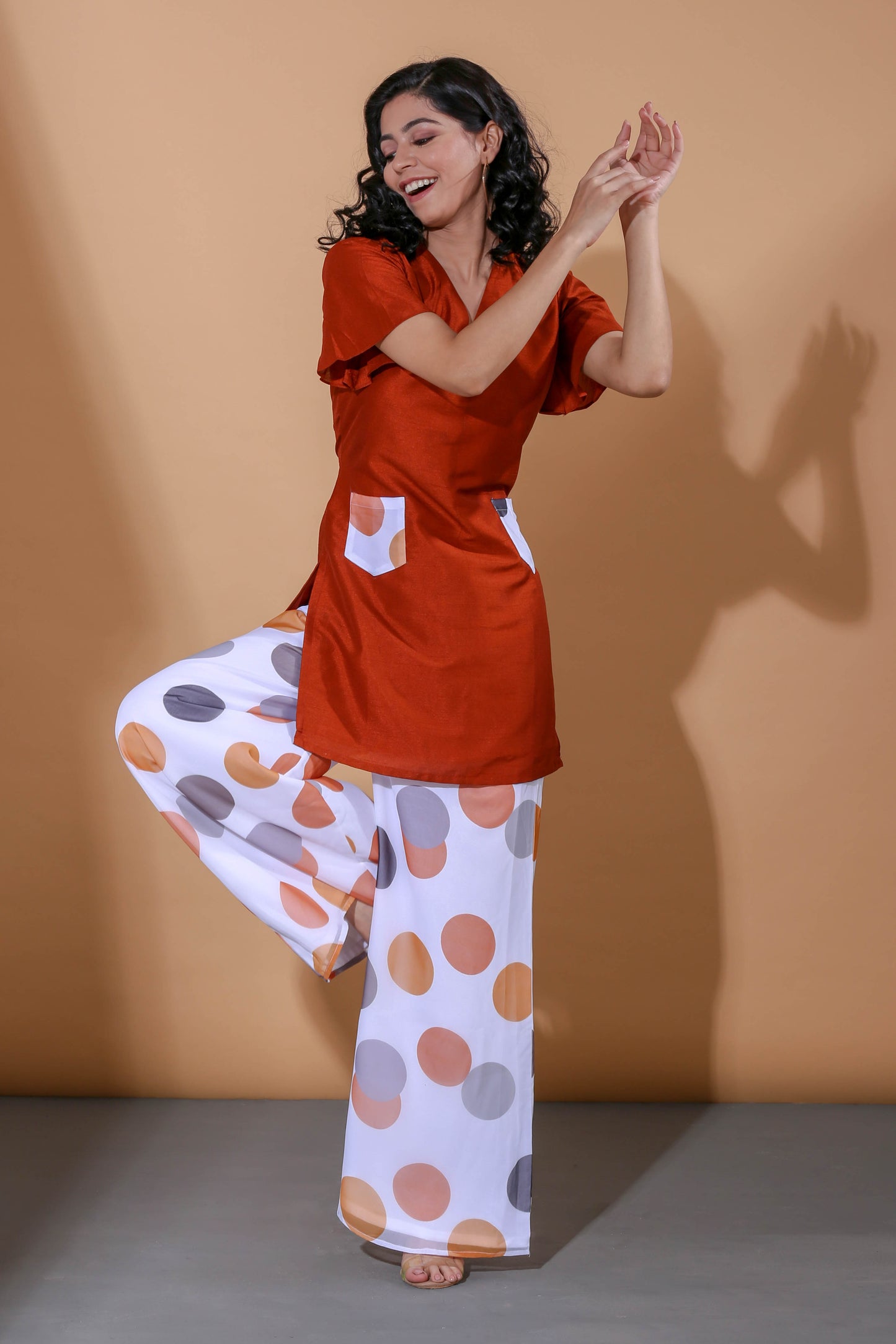 Adhikam- Rust polka dot kurti set