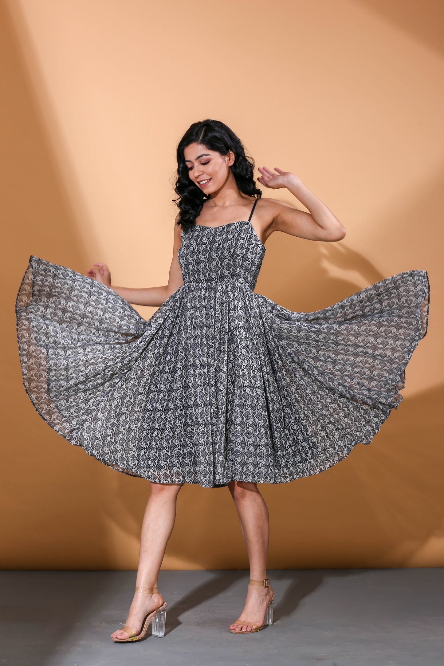 Adhikam- Black printed spaghetti dress