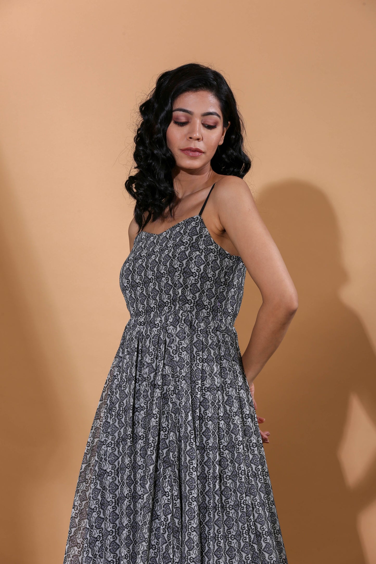 Adhikam- Black printed spaghetti dress