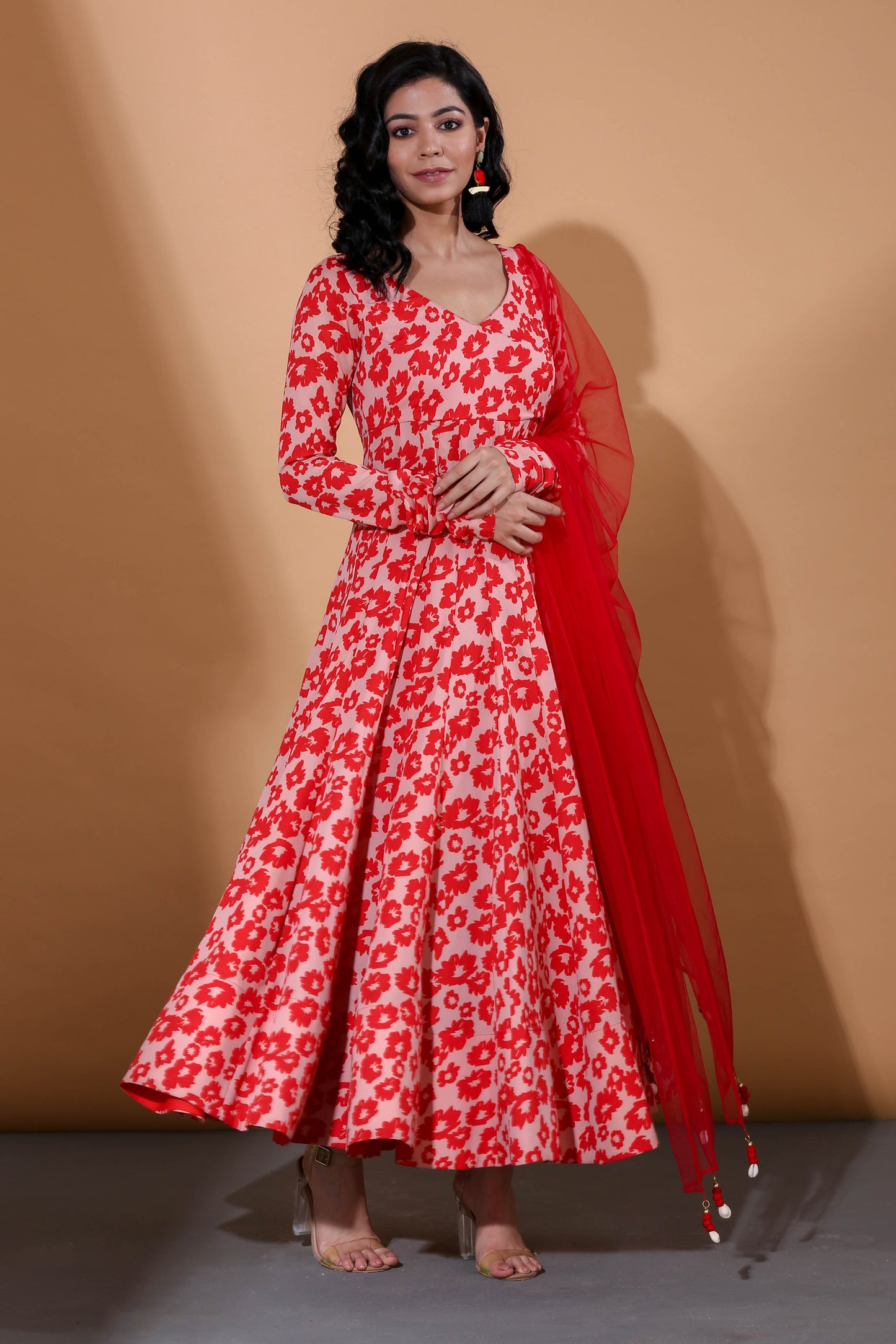 Adhikam- Red floral printed anarkali set