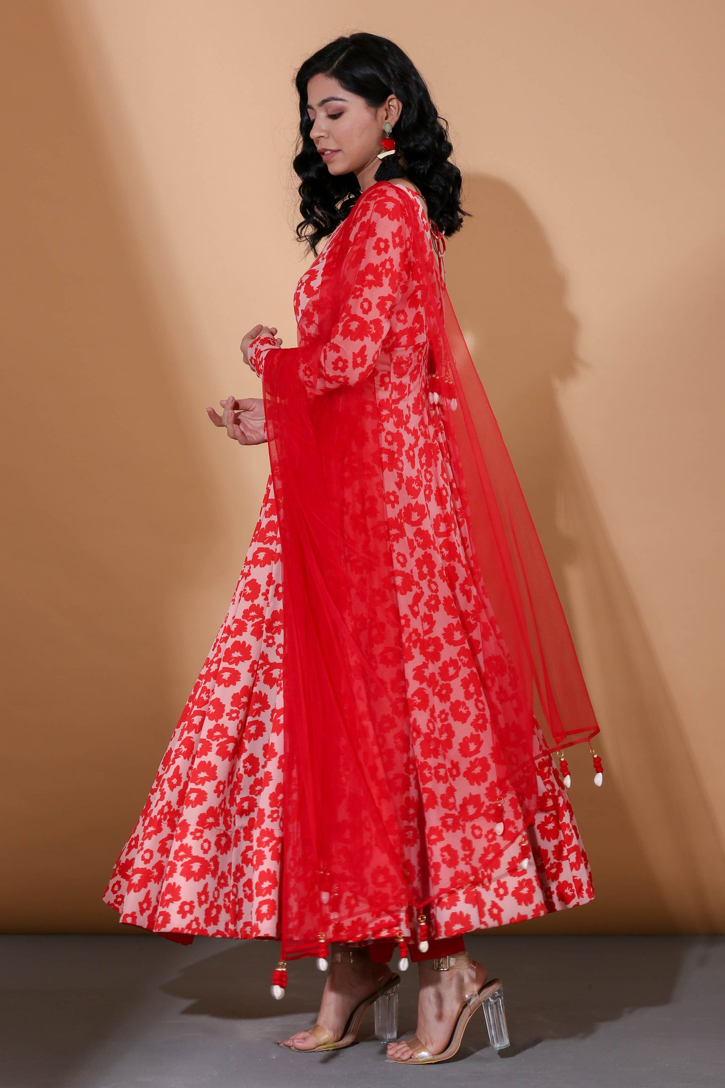 Adhikam- Red floral printed anarkali set