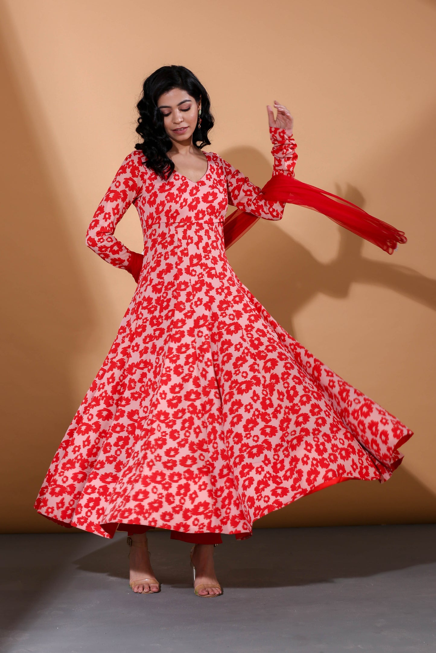 Adhikam- Red floral printed anarkali set
