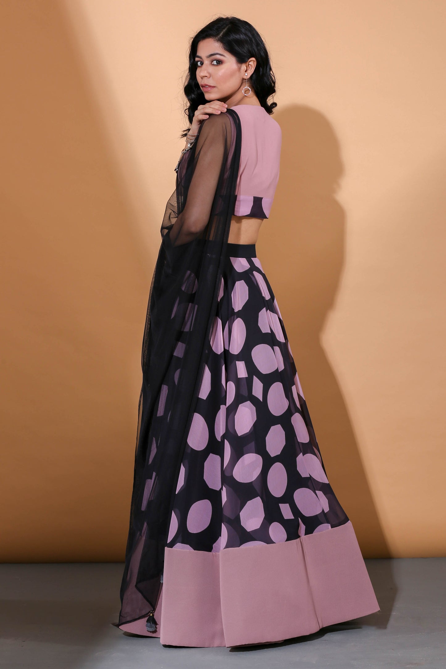 Adhikam- Salmon pink polka dot lehenga set