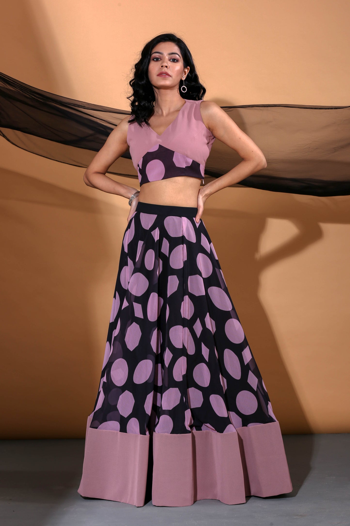Adhikam- Salmon pink polka dot lehenga set