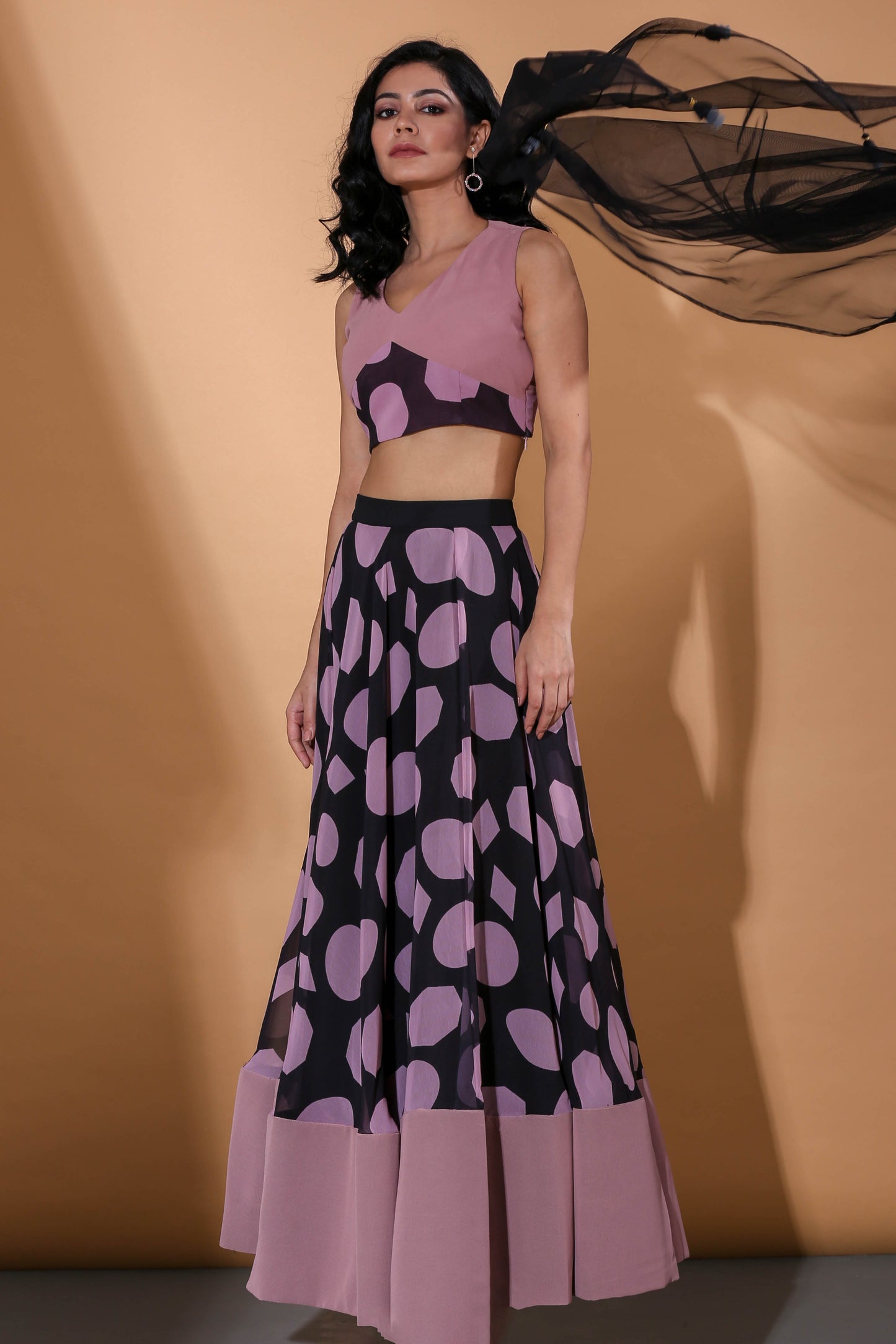 Adhikam- Salmon pink polka dot lehenga set
