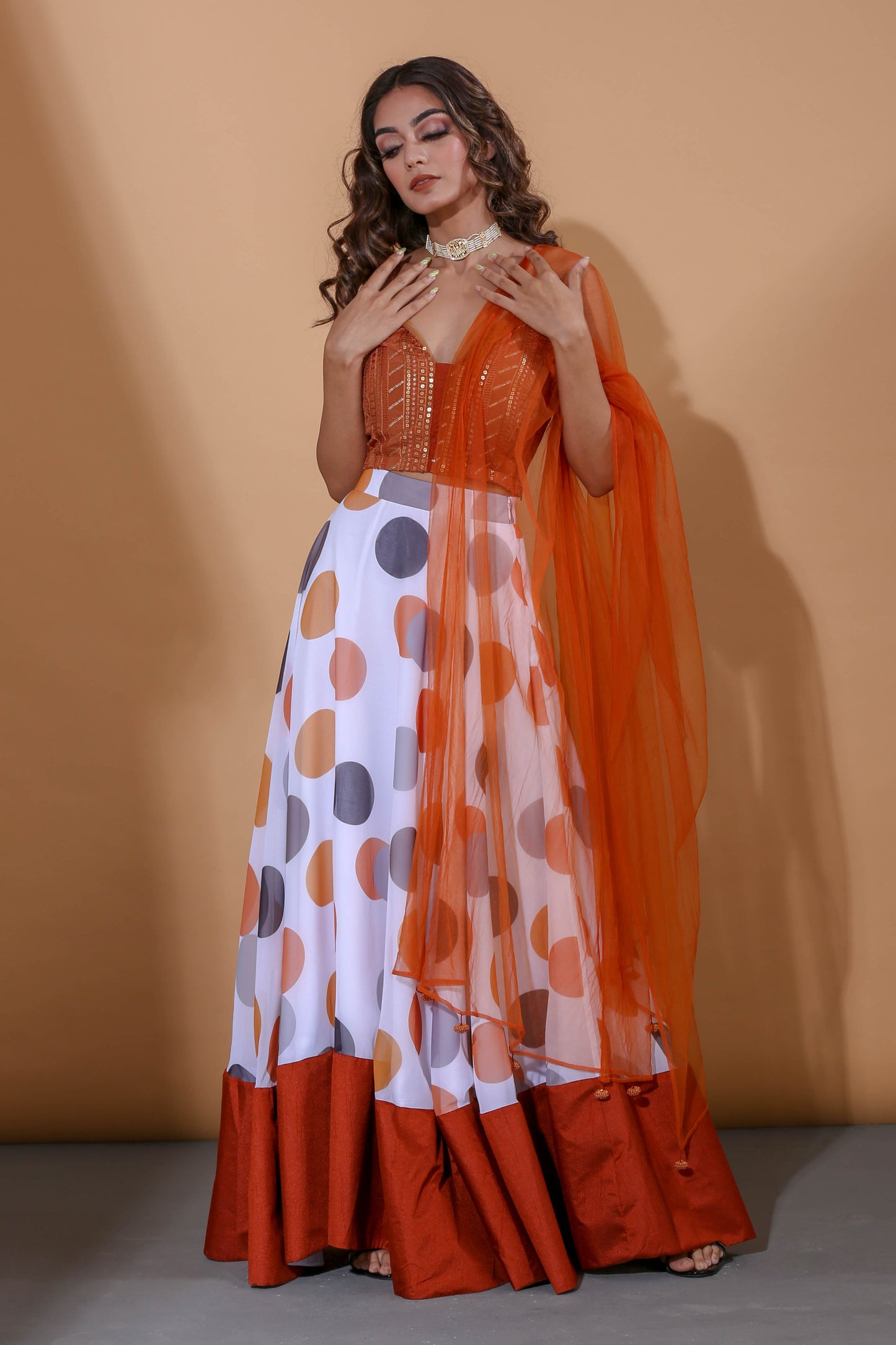Adhikam- Rust polka dot lehenga set