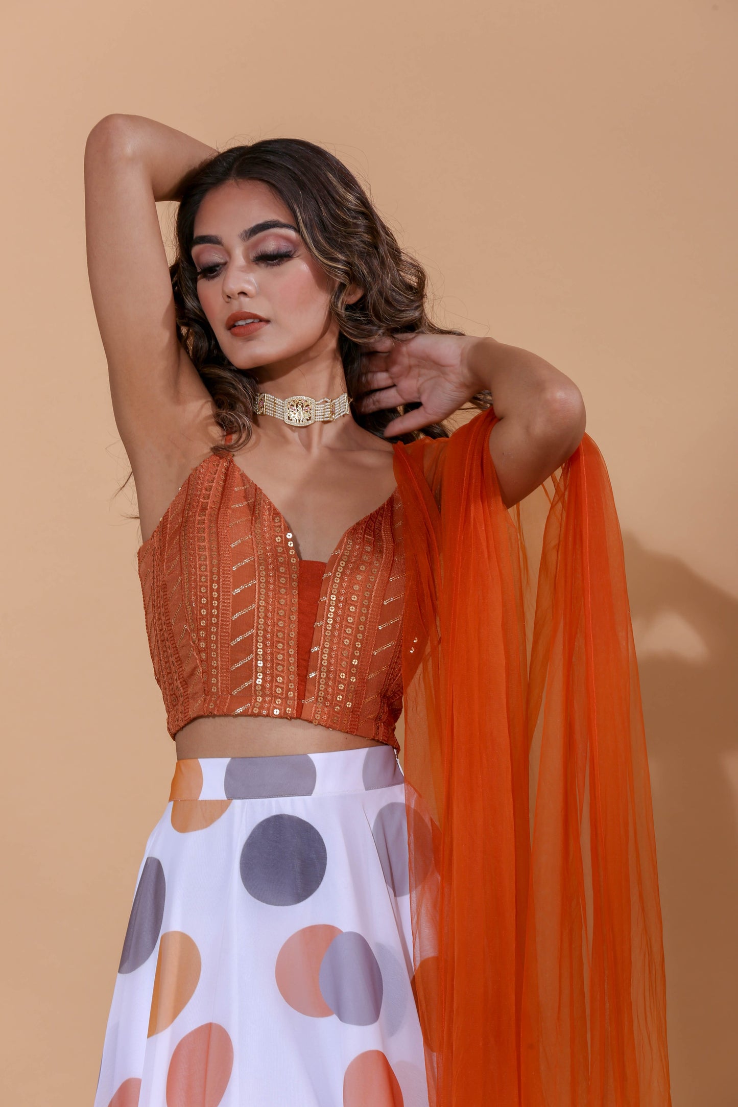 Adhikam- Rust polka dot lehenga set