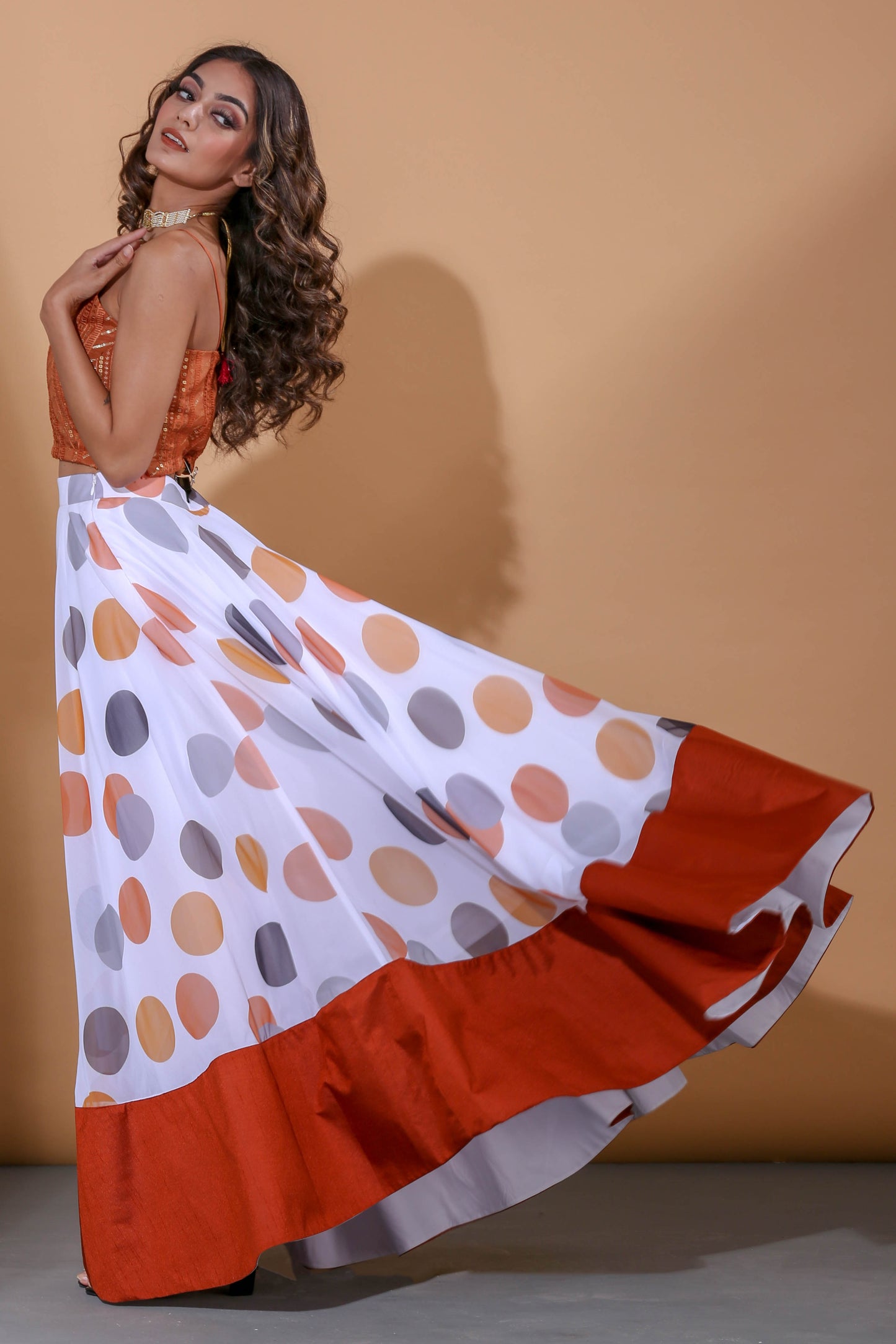 Adhikam- Rust polka dot lehenga set