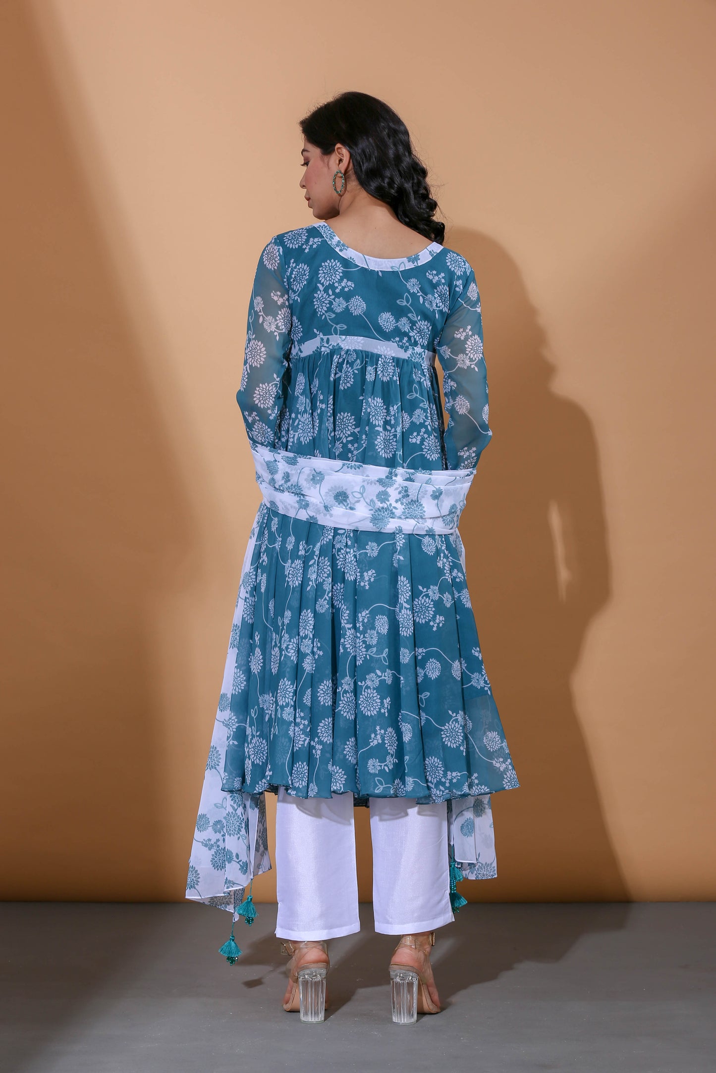Adhikam- Teal blue floral printed anarkali set