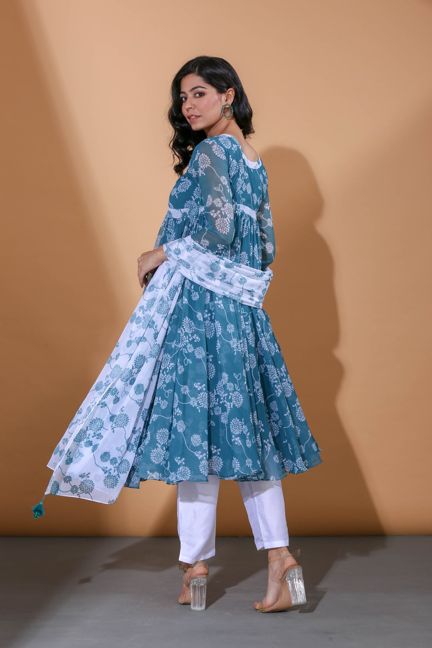 Adhikam- Teal blue floral printed anarkali set