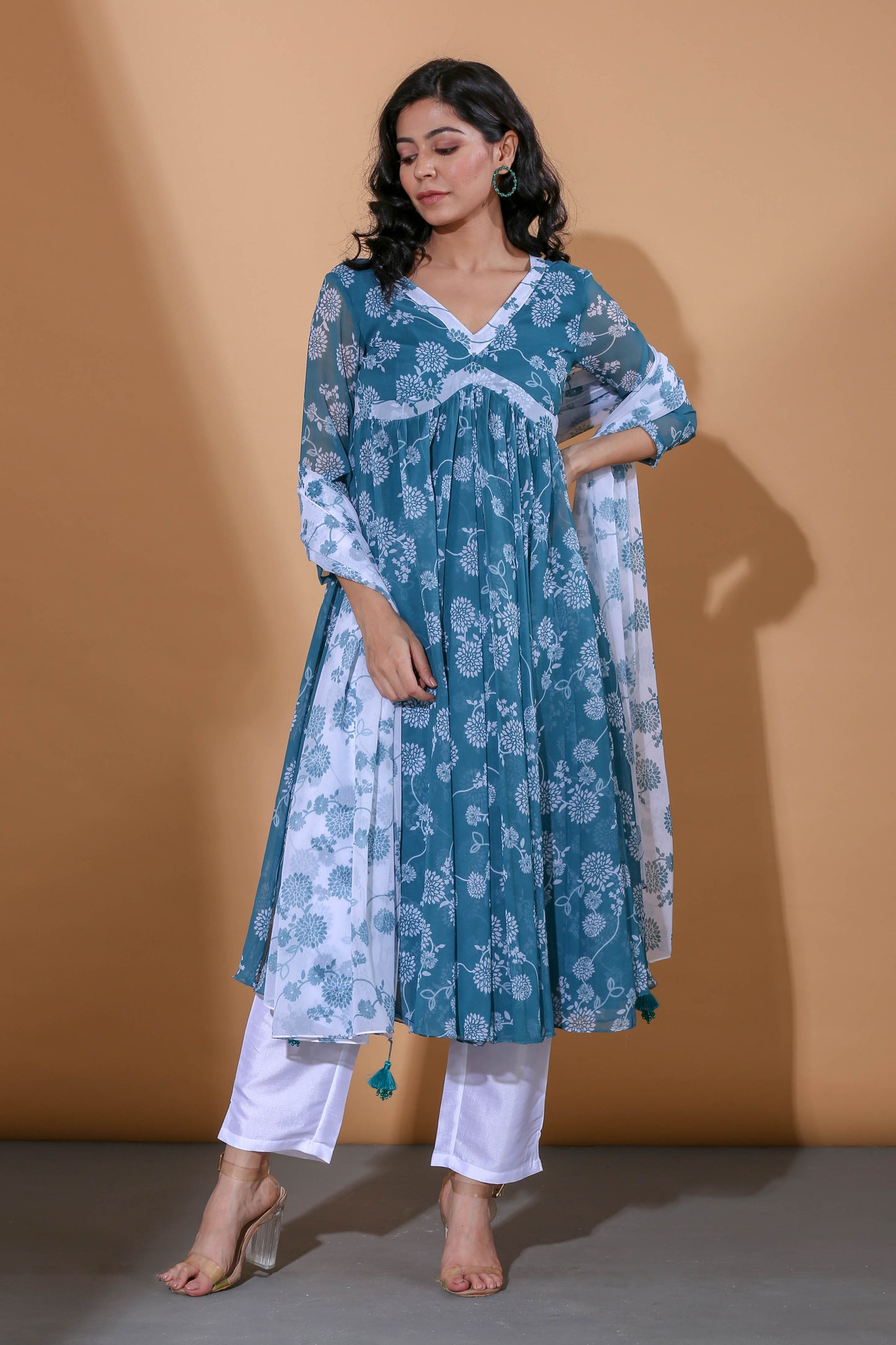 Adhikam- Teal blue floral printed anarkali set