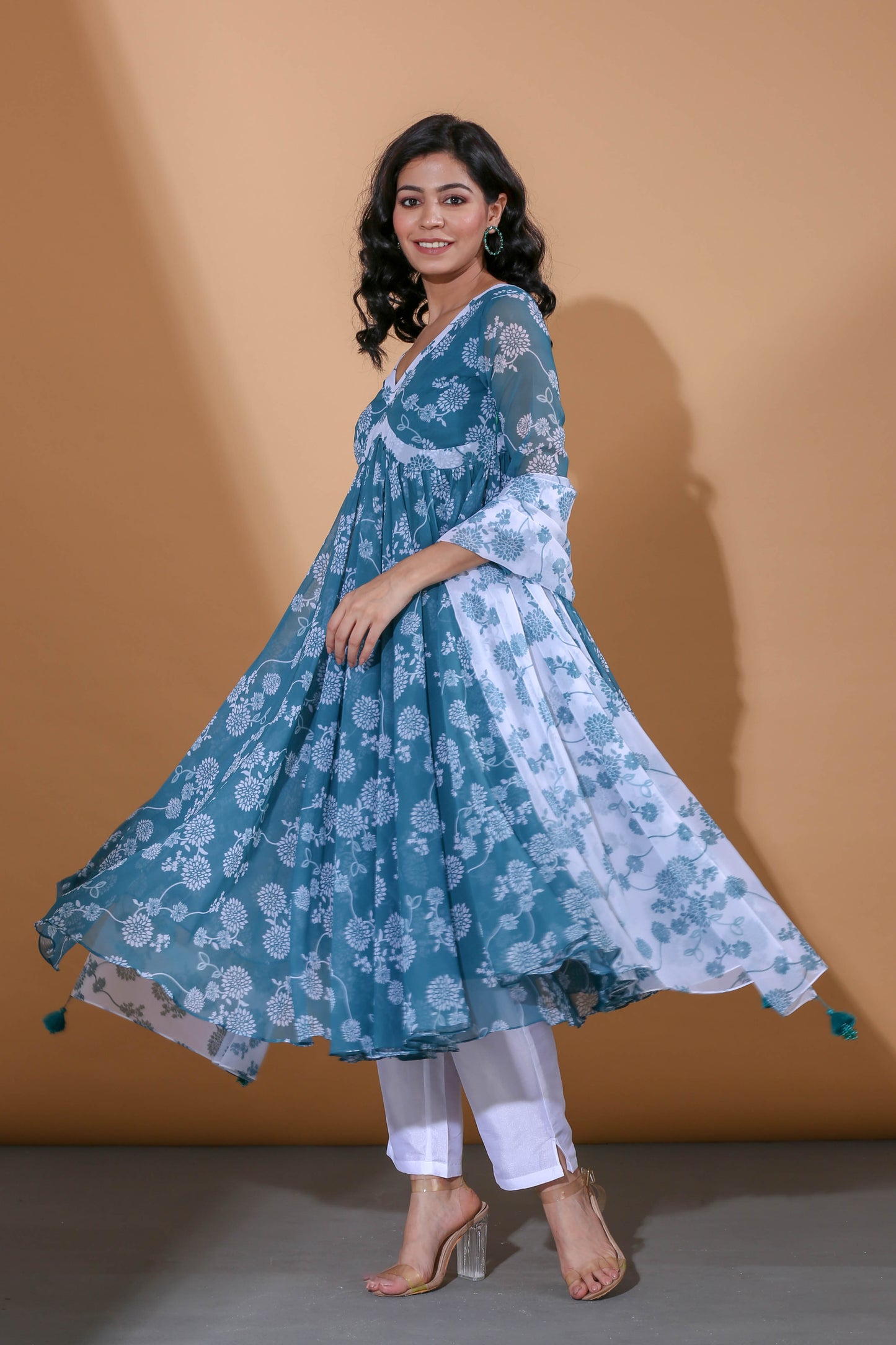 Adhikam- Teal blue floral printed anarkali set