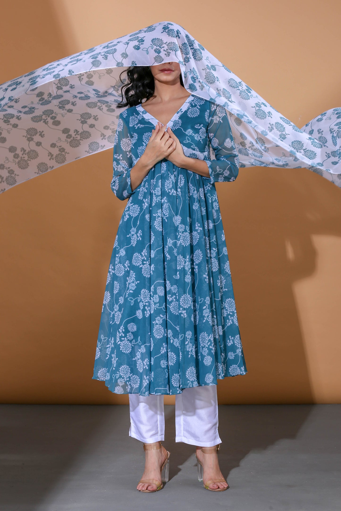Adhikam- Teal blue floral printed anarkali set