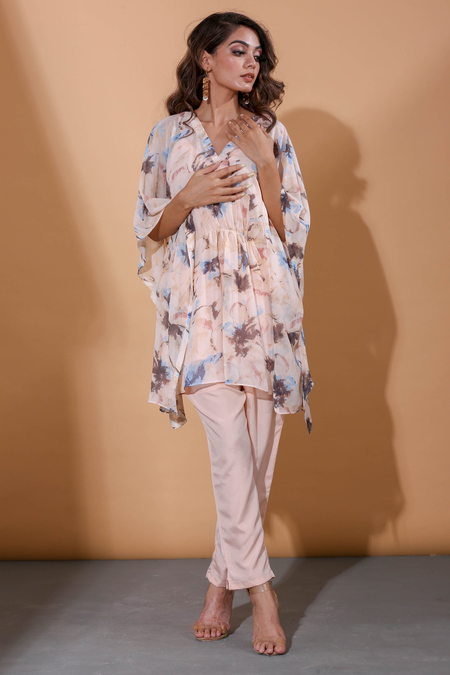Adhikam -Beige printed kaftan kurti set