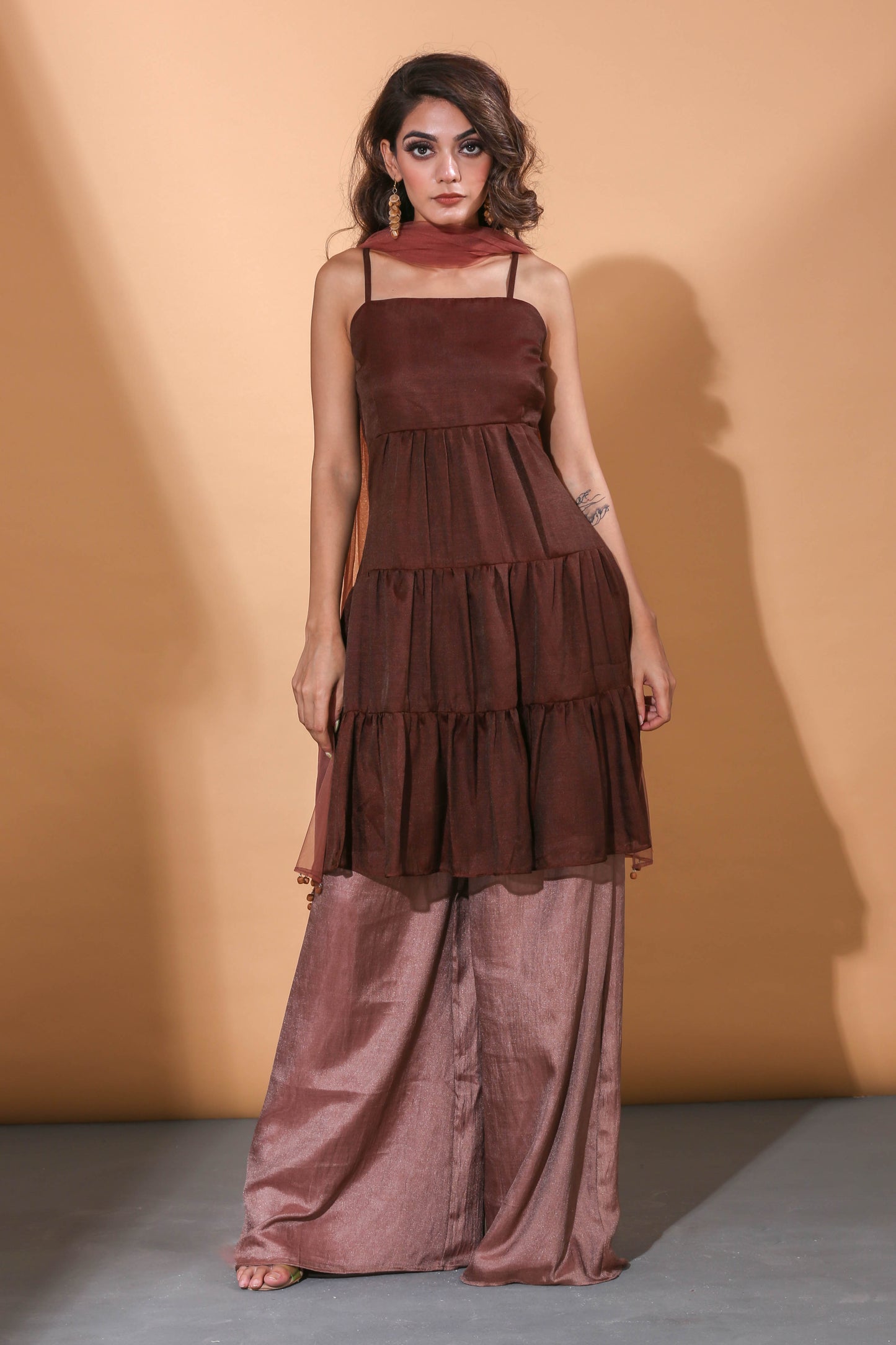 Adhikam- Brown tiered kurti set