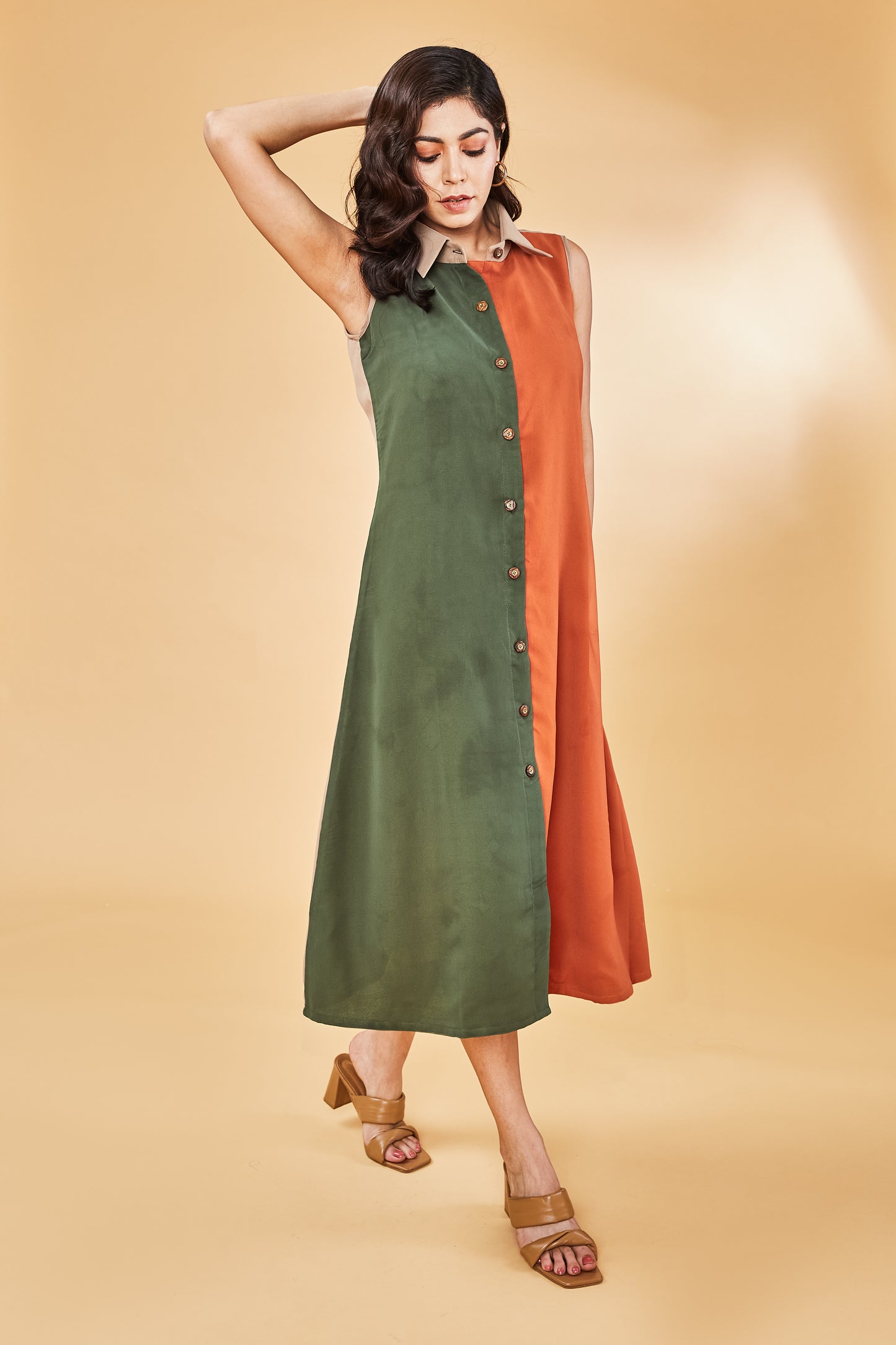 Tri-colour button down dress