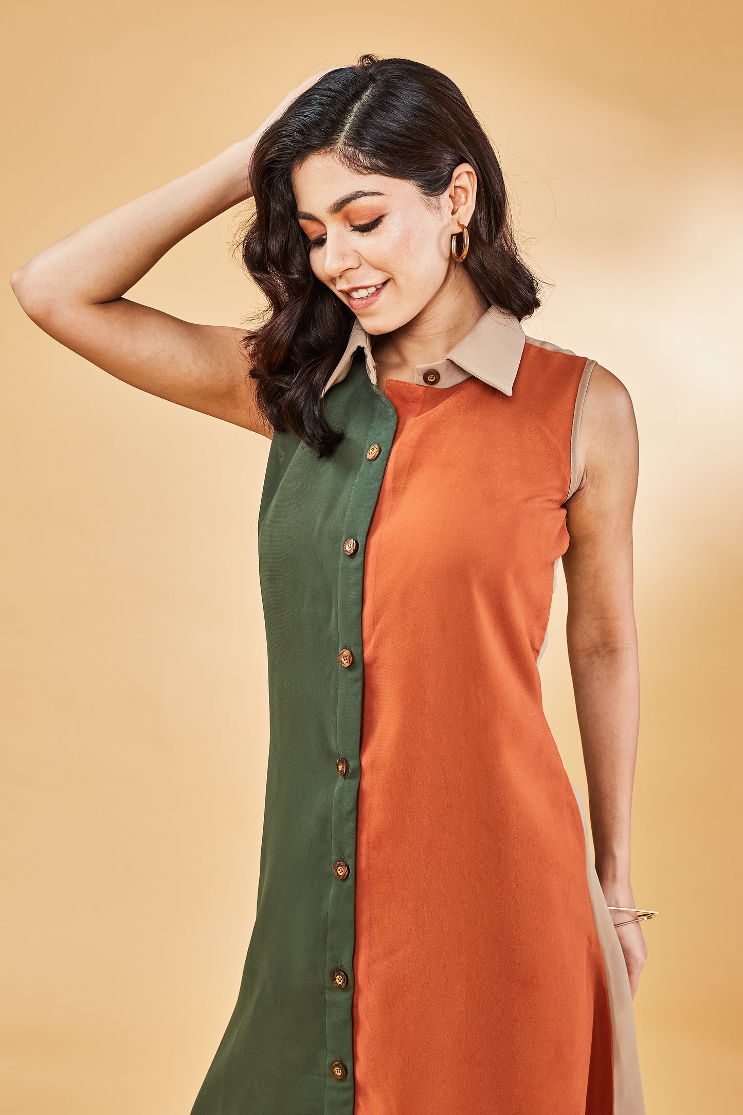 Tri-colour button down dress