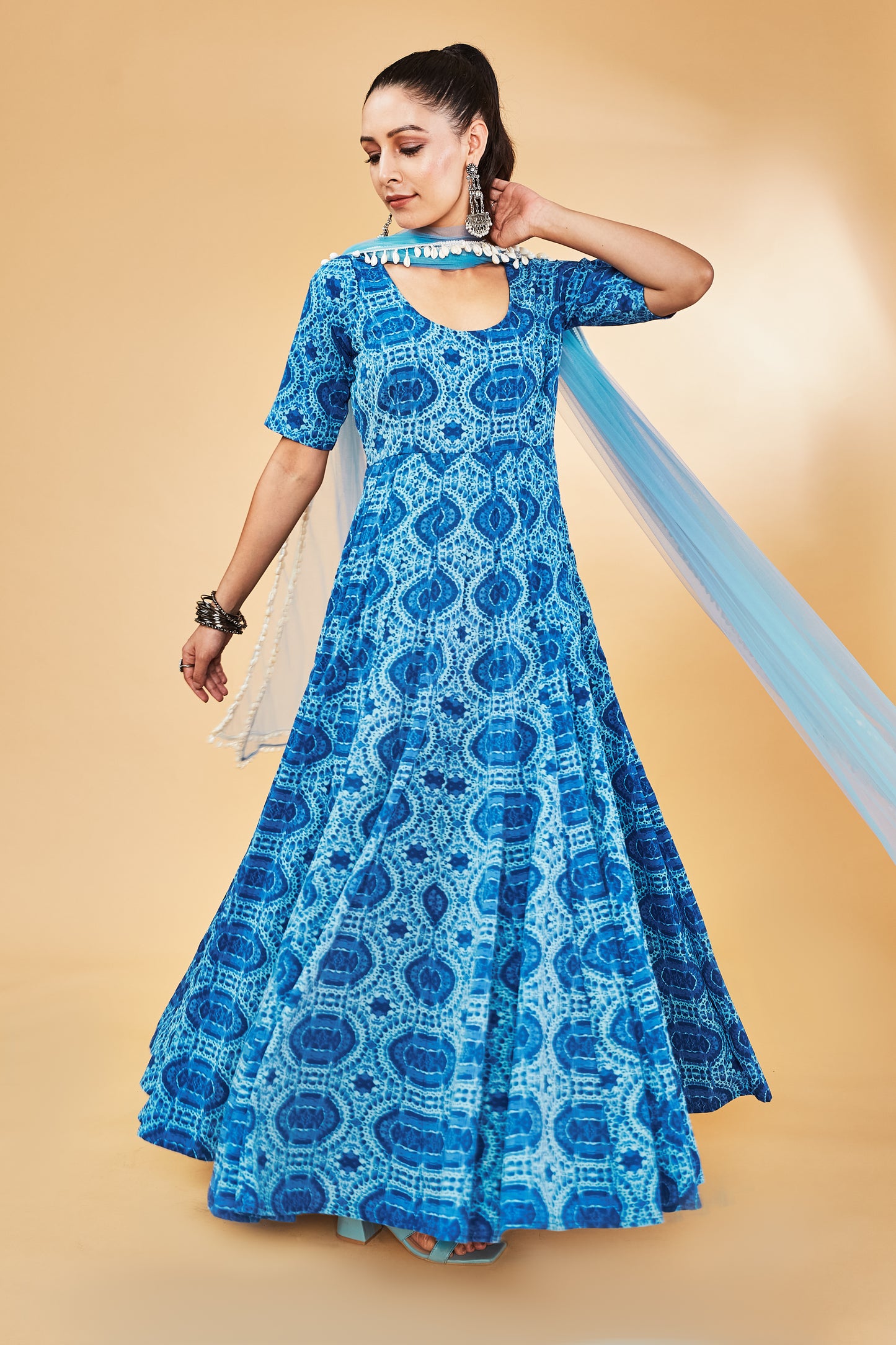 Blue Printed Anarkali Set