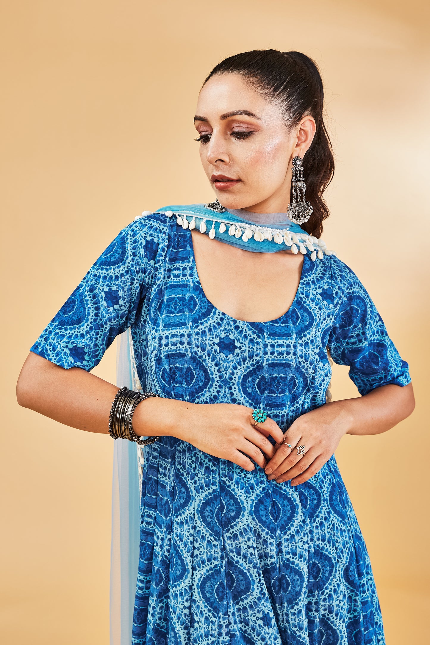 Blue Printed Anarkali Set