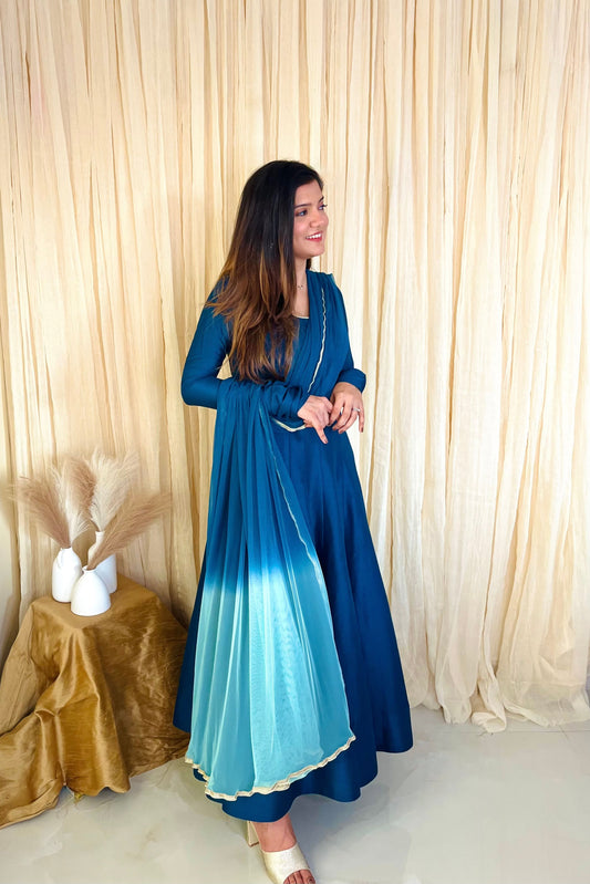 Teal Whispers: Elegant Croma Silk Anarkali