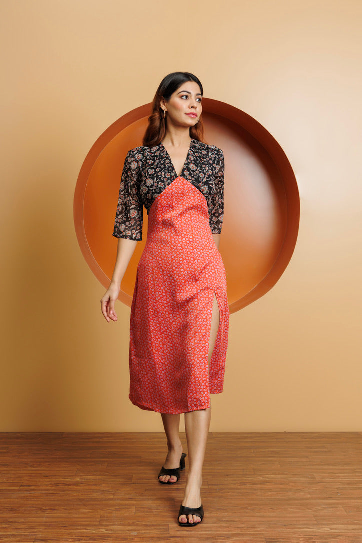 Frontier Chic: Orange and Black Colour Blocked Dress