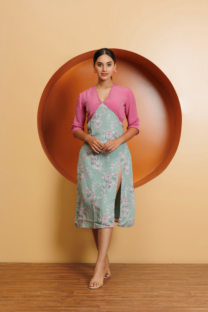 Frontier Chic: Pink And Mint green Calf length dress