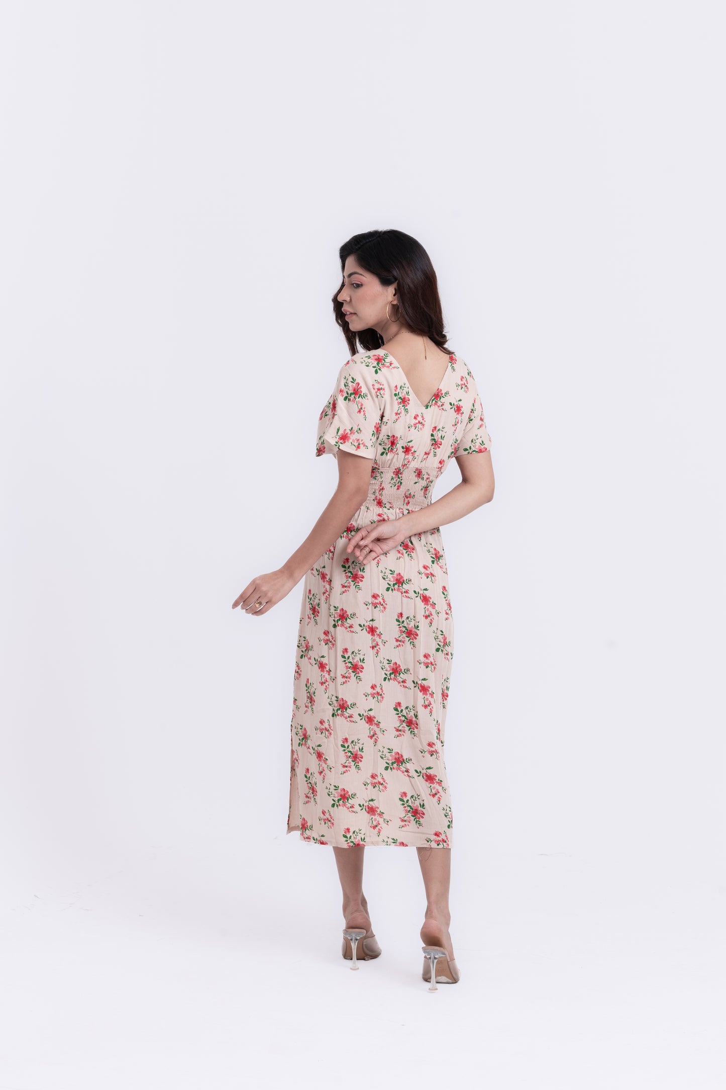 Beige Blossom Floral Print Midi Dress