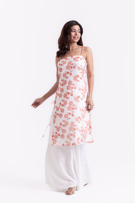 Floral Radiance: Orange Print Lace-Up Kurti Set