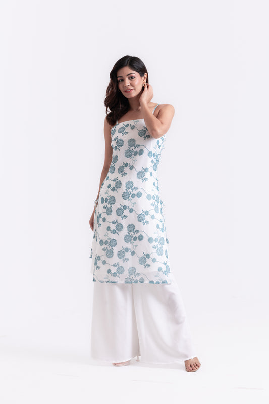 Floral Radiance: Teal Print Kurti Set