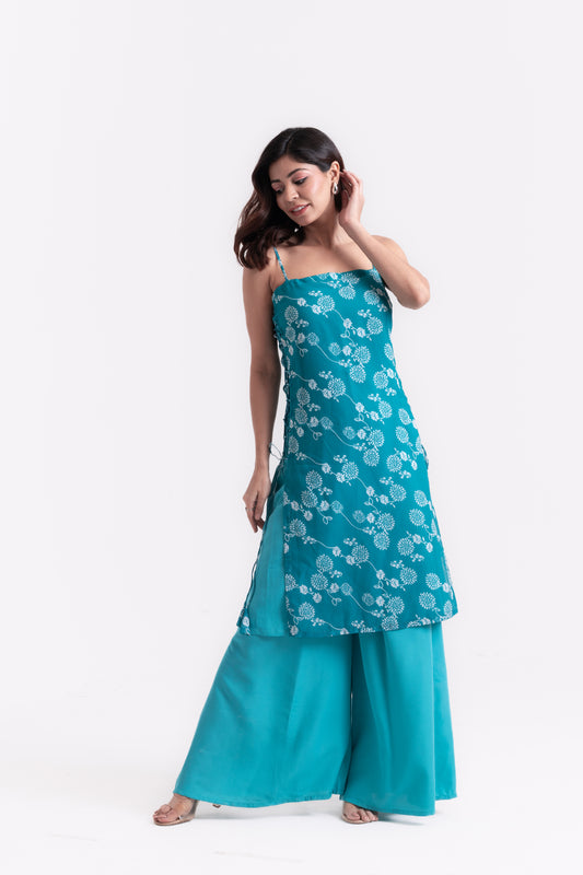 Teal Serenity: Floral Print Kurti