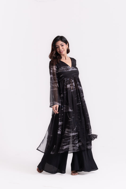 Midnight Swirls: Black Tie-Dye Kurti Set