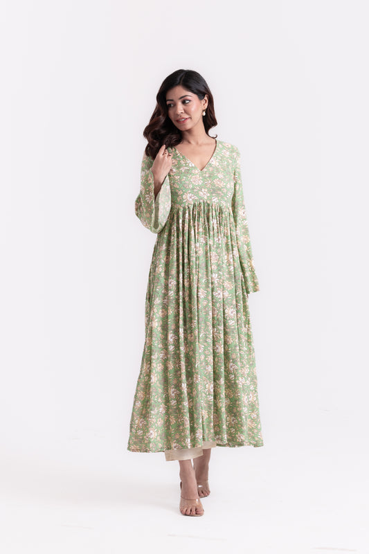Beige Blooms on Green Floral Print Kurti Set
